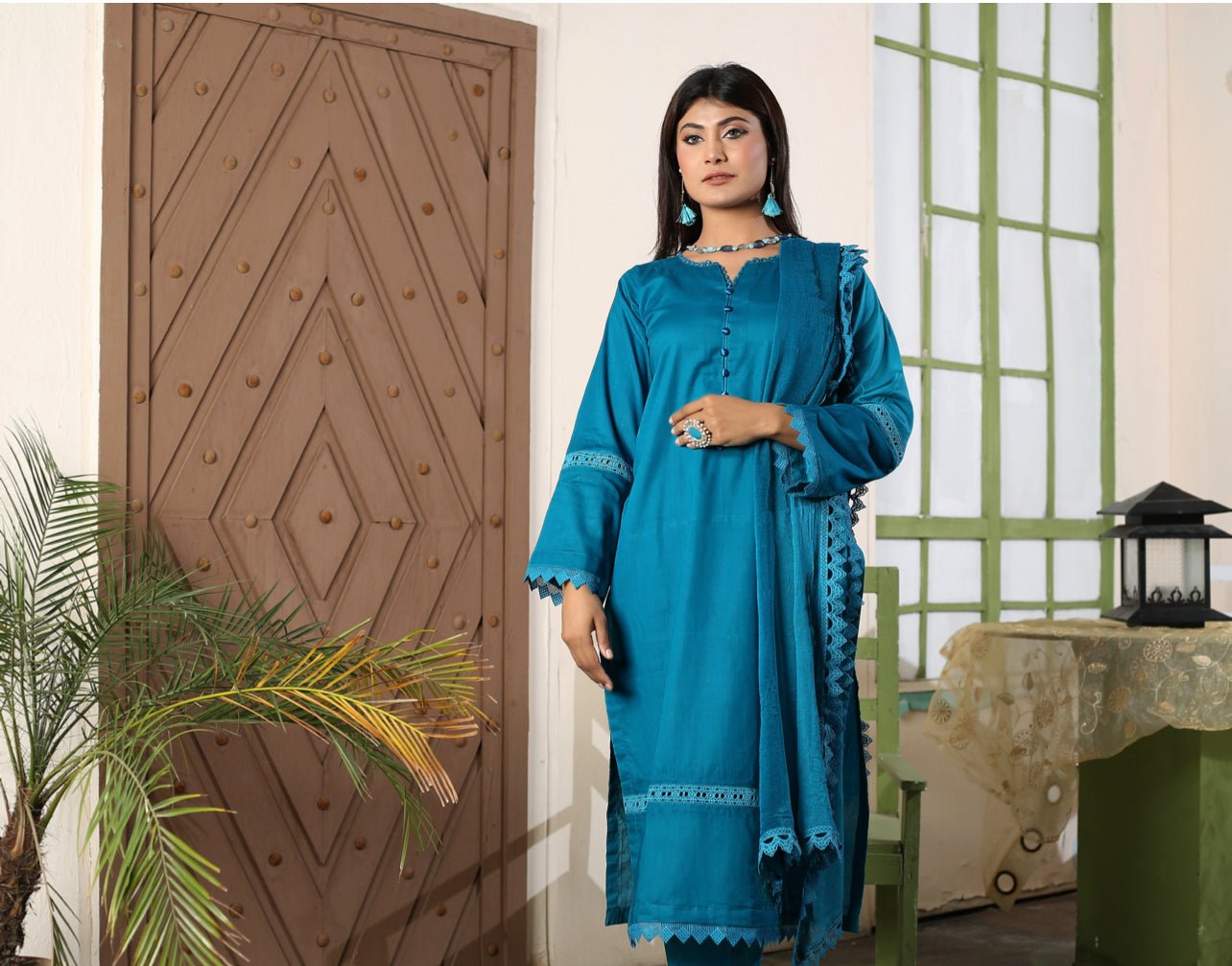 3-PIECE CAMBRIC LAWN  STITCHED SUIT TEAL GEEN -D 863