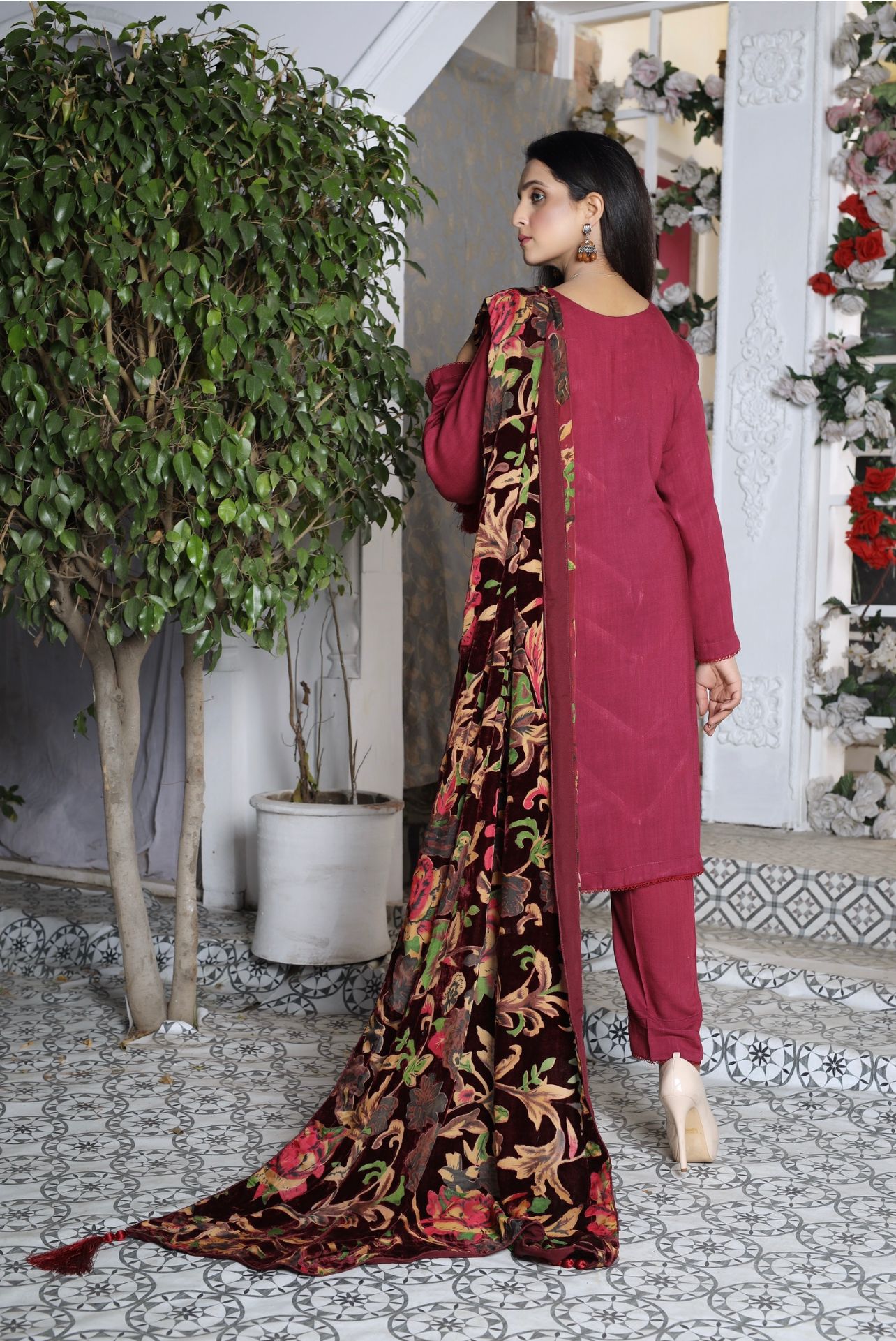 Maroon- 3 Piece Marina Suit With Velvet Palachi Shawl