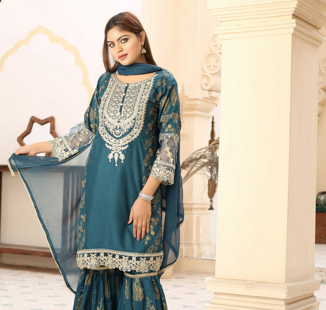 Embroidered Linen Sharara Suit With Chiffon Dupatta Teal D-172