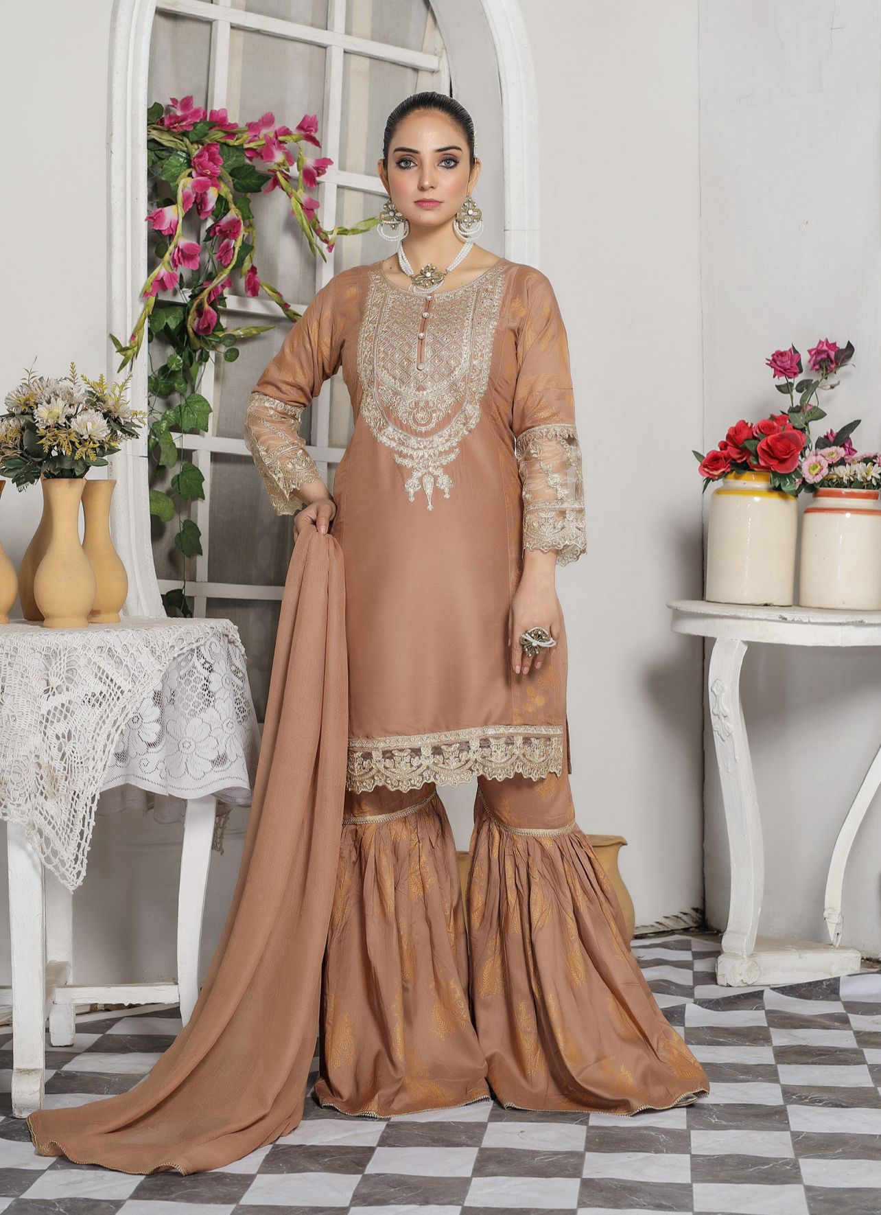 Embroidered Linen Sharara Suit With Chiffon Dupatta Beige D-171