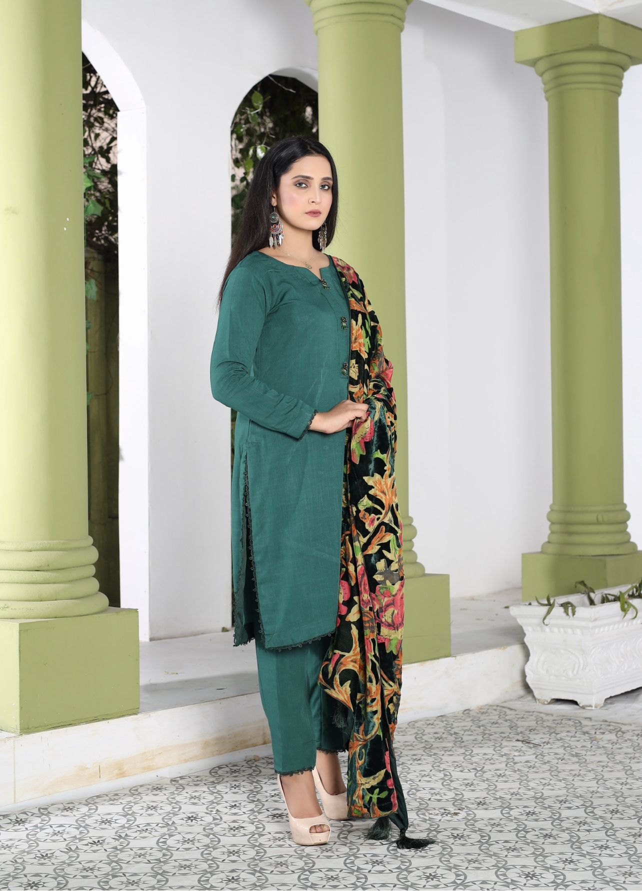 Green - 3 Piece Marina Suit With Velvet Palachi Shawl – Mahham Collection