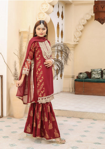 Embroidered Linen Sharara Suit With Chiffon Dupatta Maroon D-173