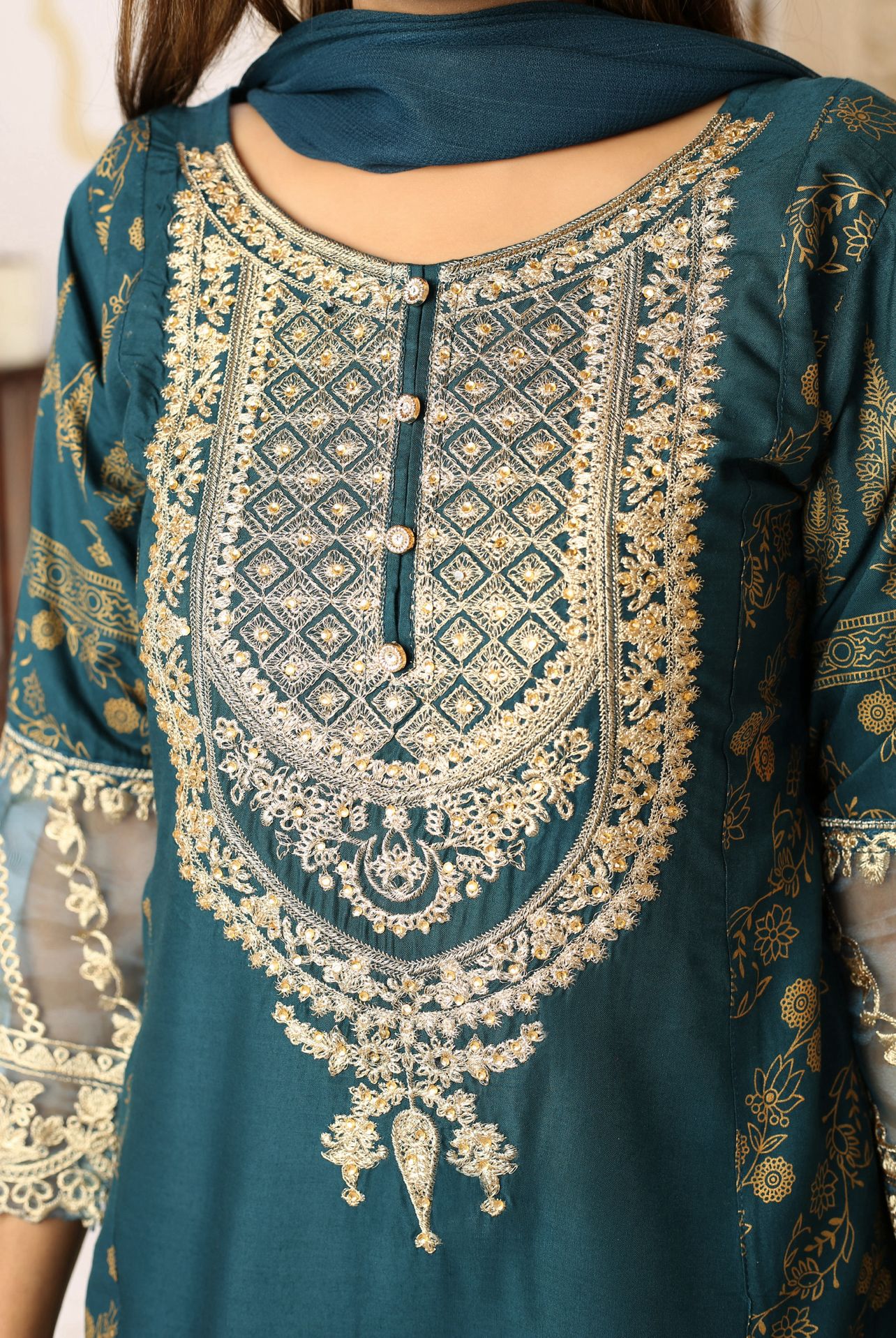 Embroidered Linen Sharara Suit With Chiffon Dupatta Teal D-172