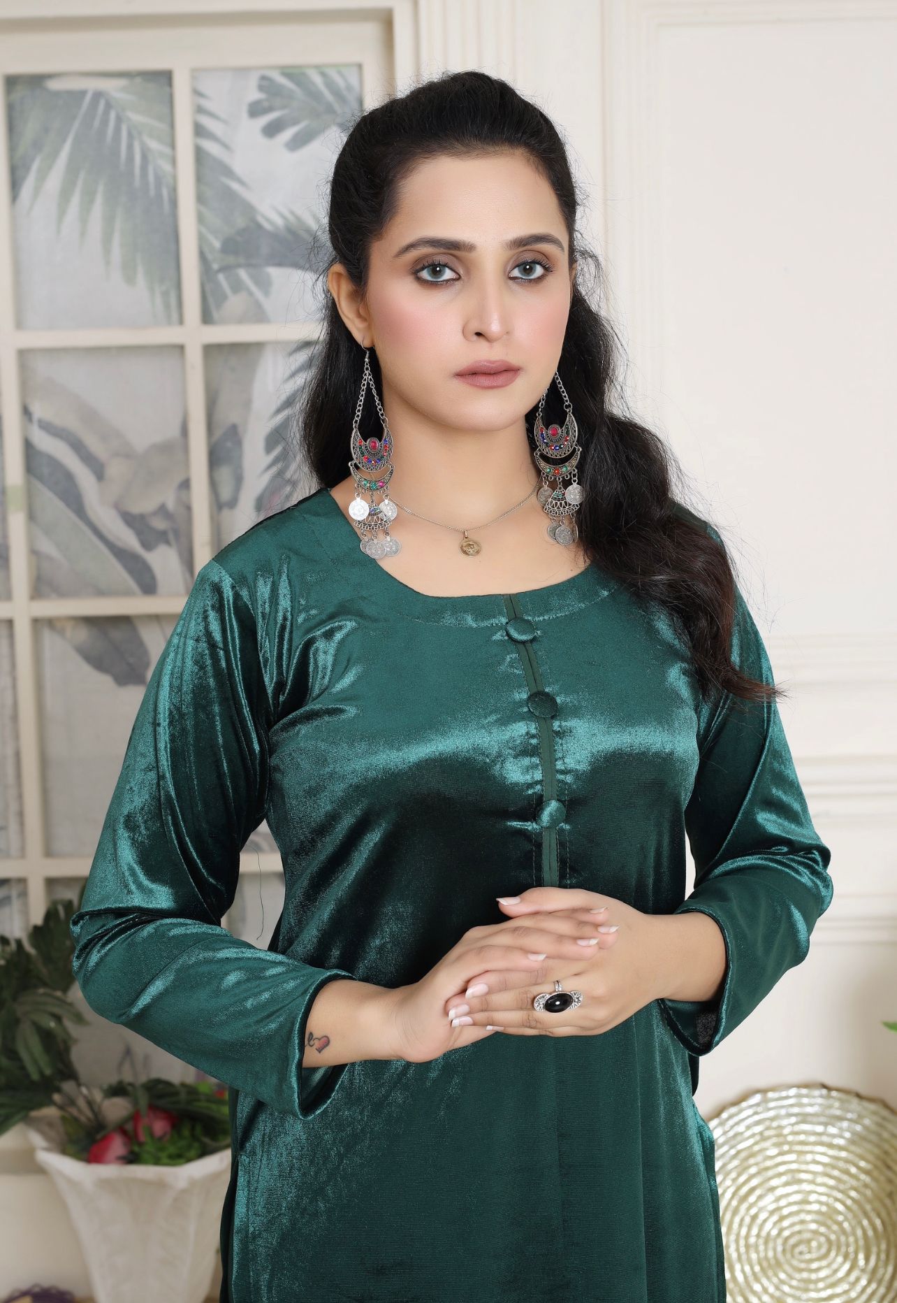 2 Pc Plain Stretch Able Velvet Plazo Suit Green | Pakistani Suits