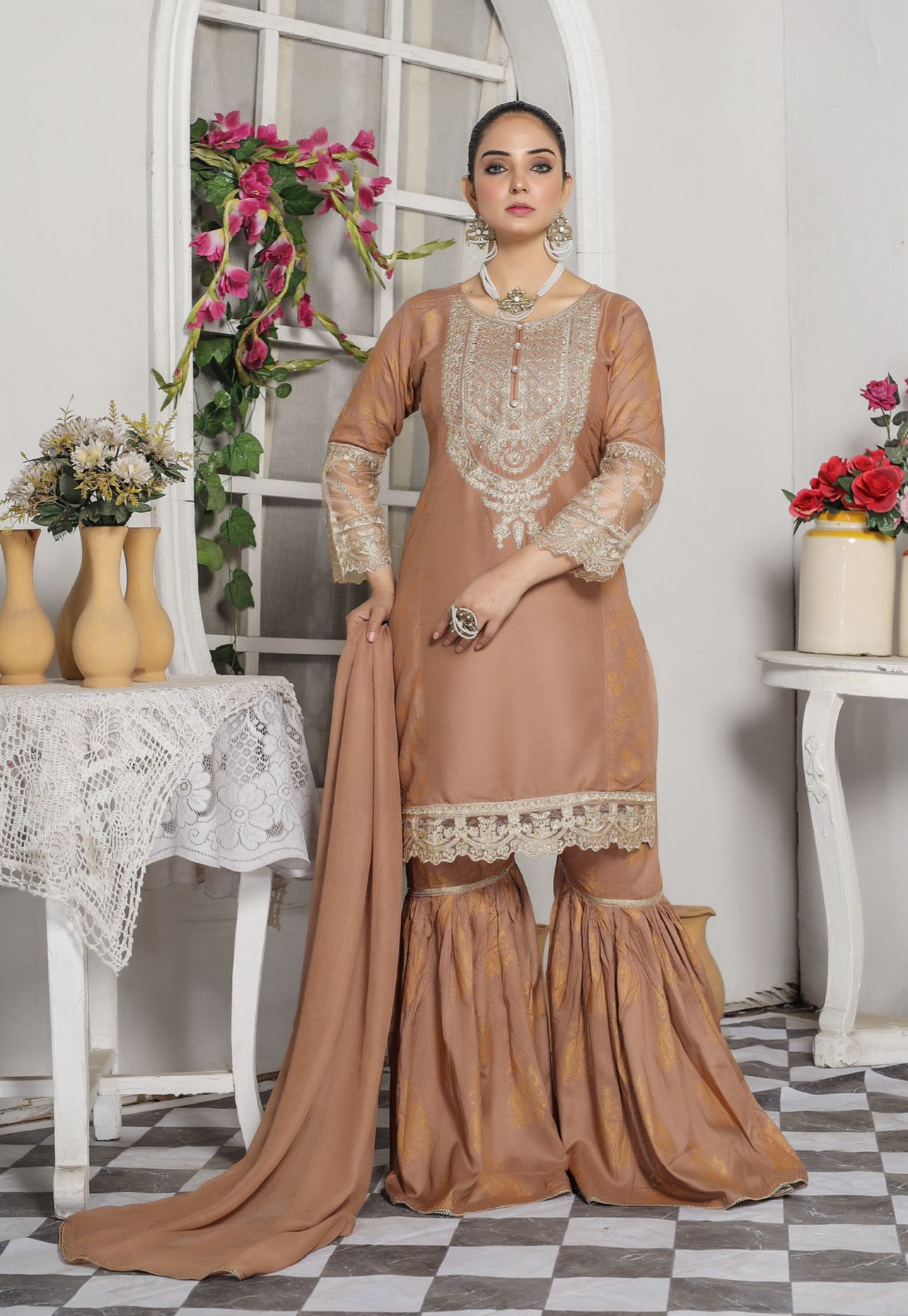 Embroidered Linen Sharara Suit With Chiffon Dupatta Beige D-171