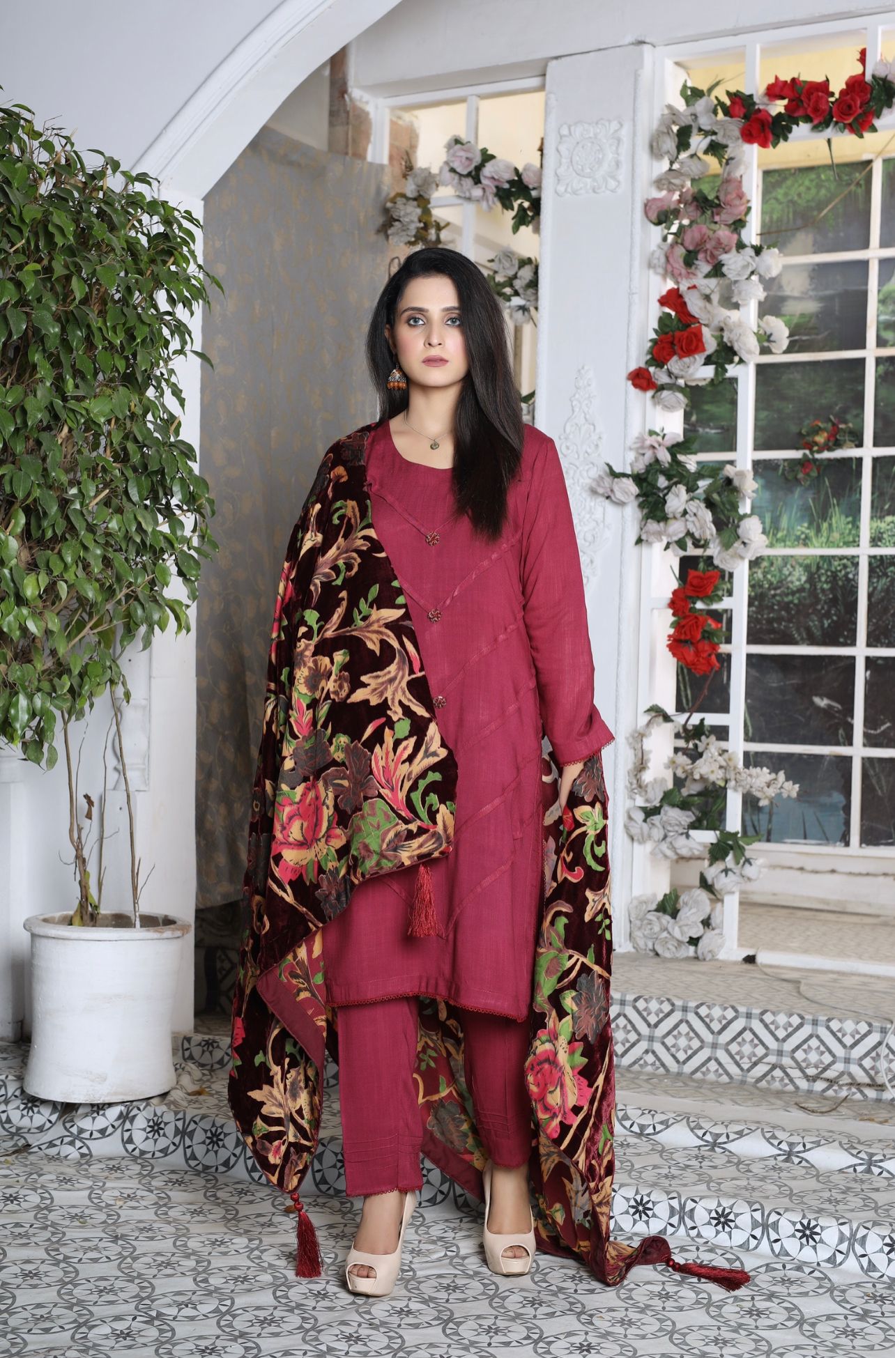 Maroon- 3 Piece Marina Suit With Velvet Palachi Shawl