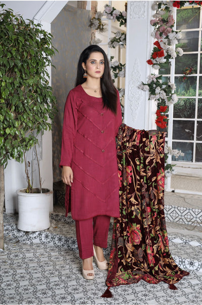 Maroon- 3 Piece Marina Suit With Velvet Palachi Shawl