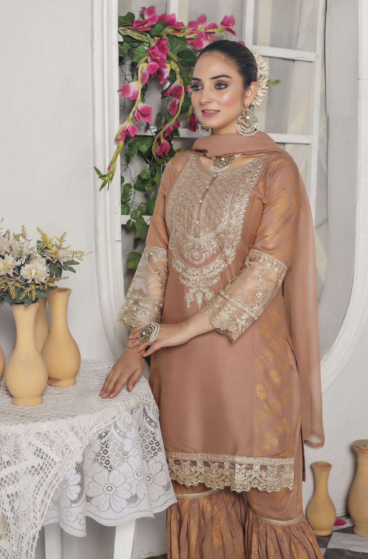 Embroidered Linen Sharara Suit With Chiffon Dupatta Beige D-171