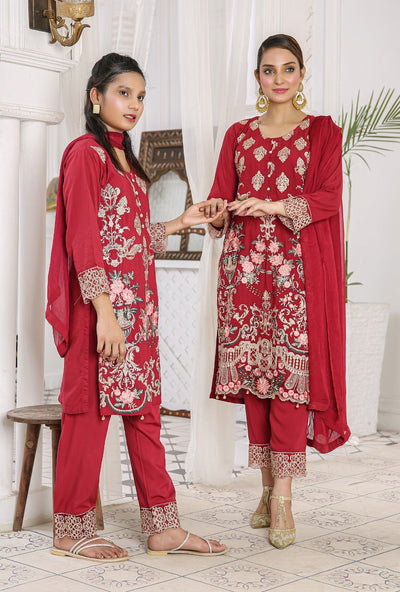 Embroidered Readymade Linen Mother & Daughter Suit Maroon  TS-175 | Pakistani Dresses