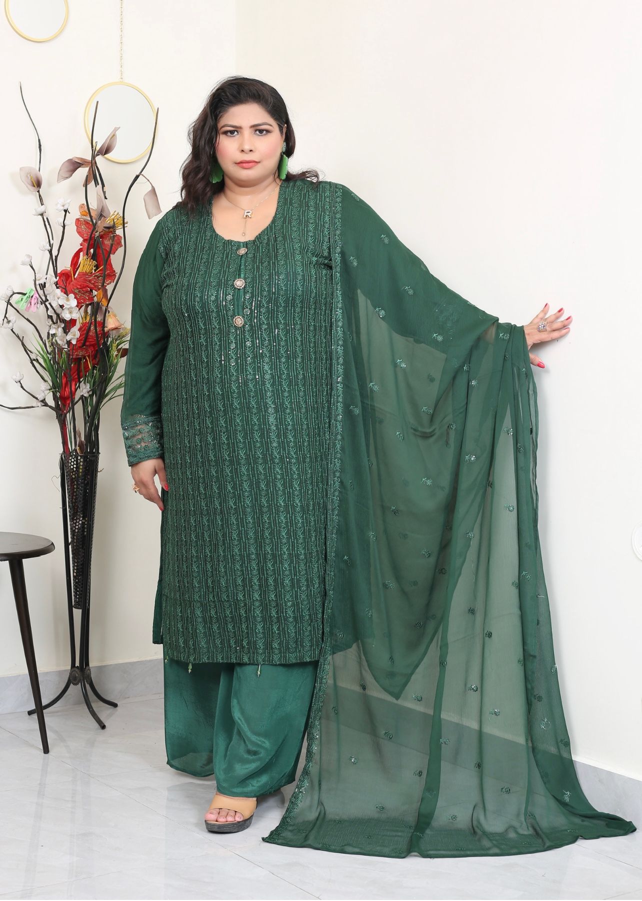 Green Embroidered chiffon Plazo suit