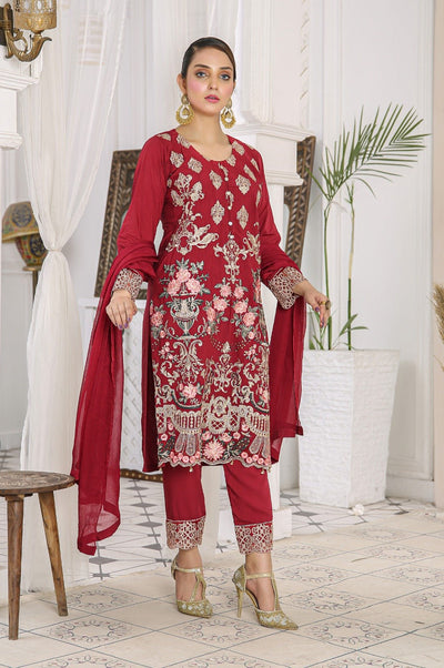 Embroidered Readymade Linen Mother & Daughter Suit Maroon  TS-175 | Pakistani Dresses