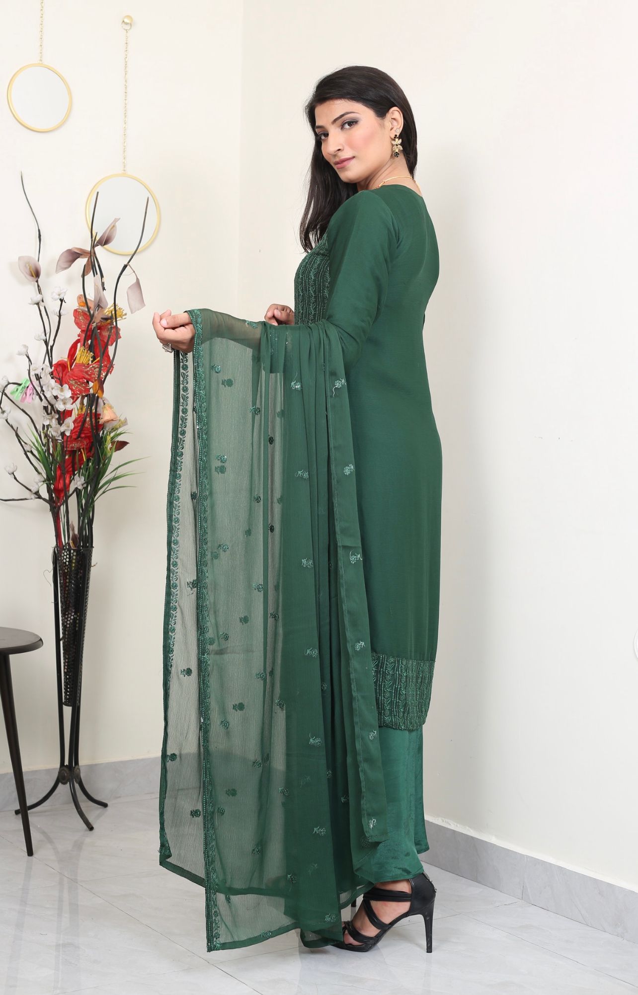 Green Embroidered chiffon Plazo suit