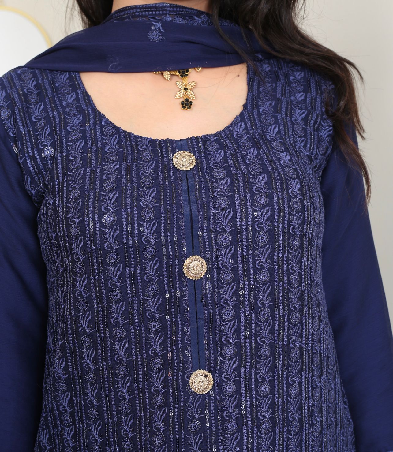 Blue Embroidered chiffon Plazo suit