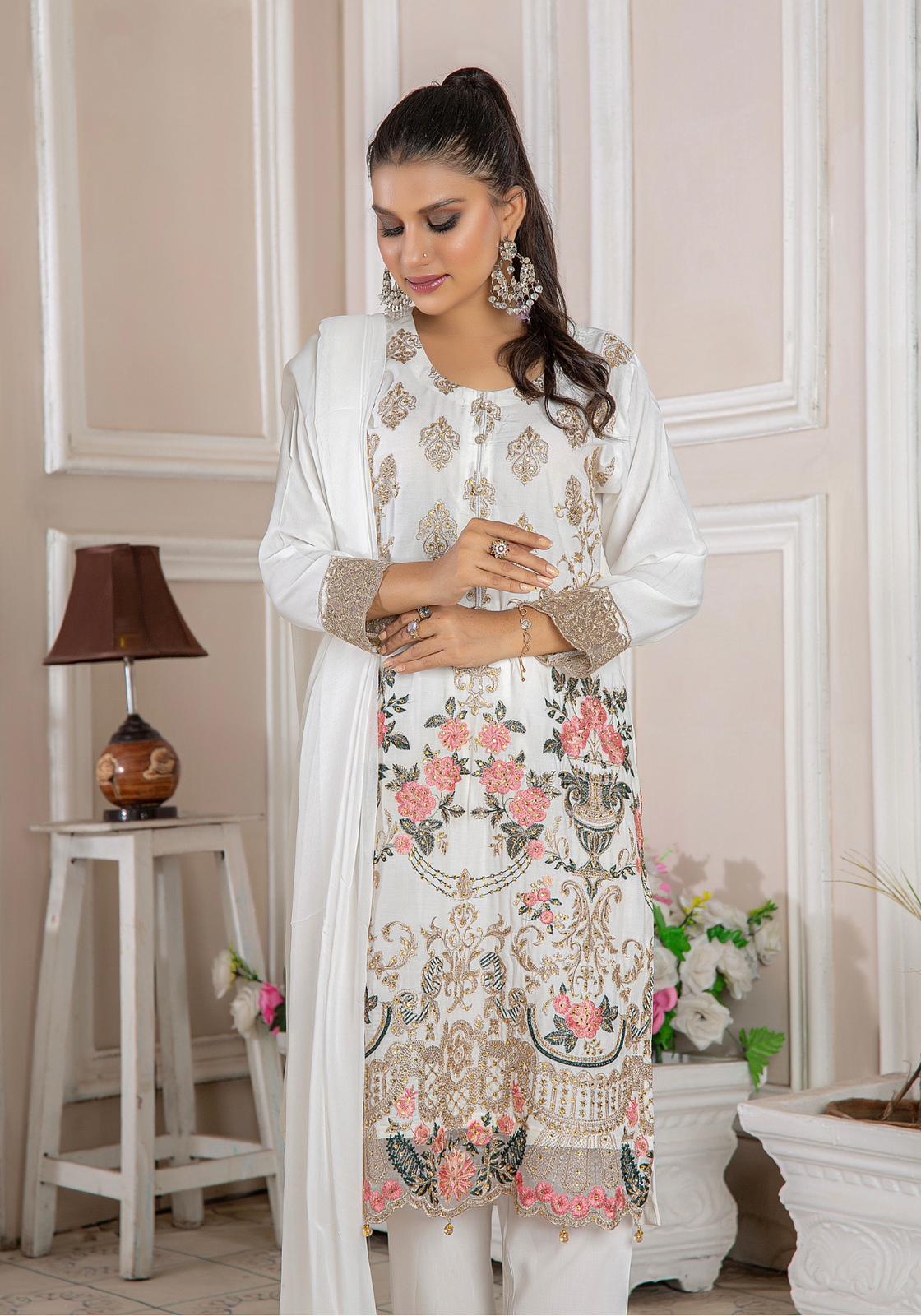 Embroidered Readymade Linen Mother & Daughter Suit WhiteTS-175 | Buy Pakistani Suits Online