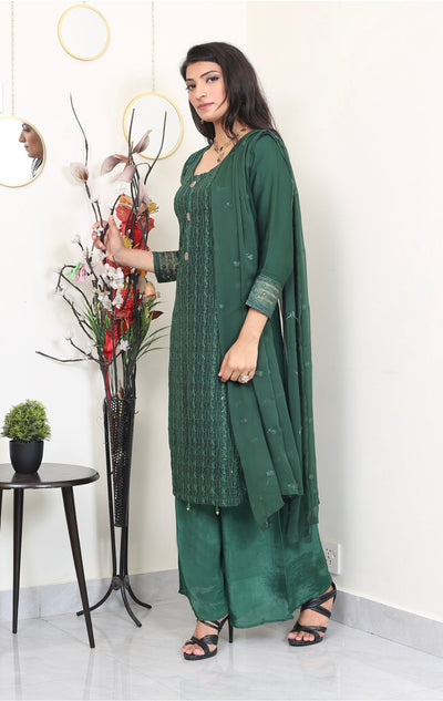 Green Embroidered chiffon Plazo suit