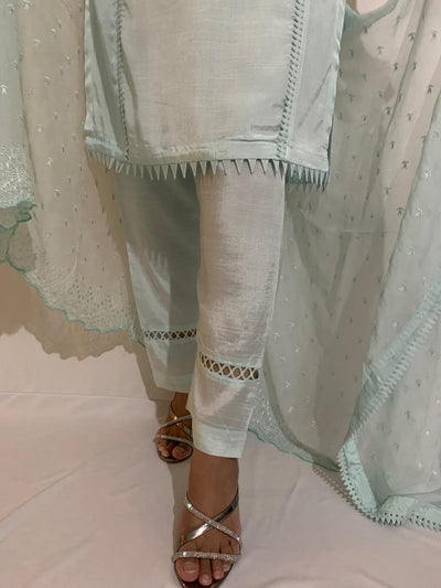 Light Mint Straight Cut Shamoz Silk Suit With Embroidered Chiffon Dupatta