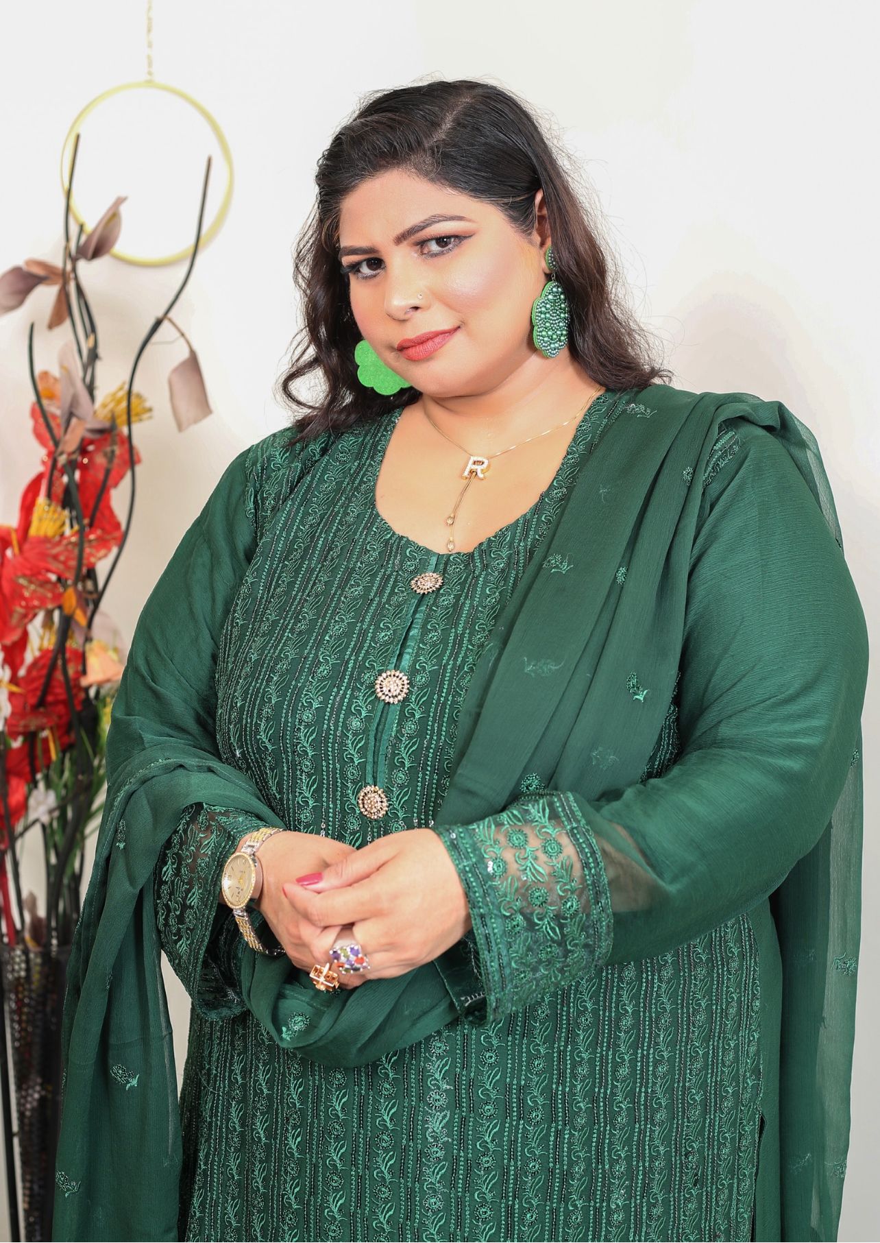 Green Embroidered chiffon Plazo suit