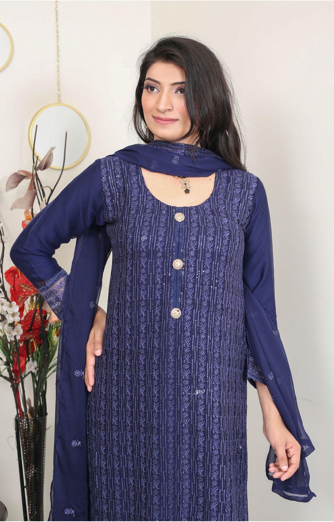 Blue Embroidered chiffon Plazo suit