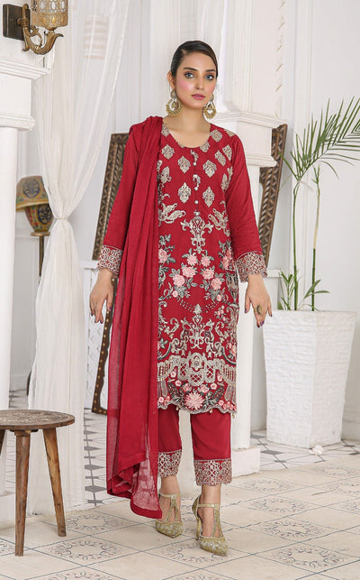 Embroidered Readymade Linen Mother & Daughter Suit Maroon  TS-175 | Pakistani Dresses