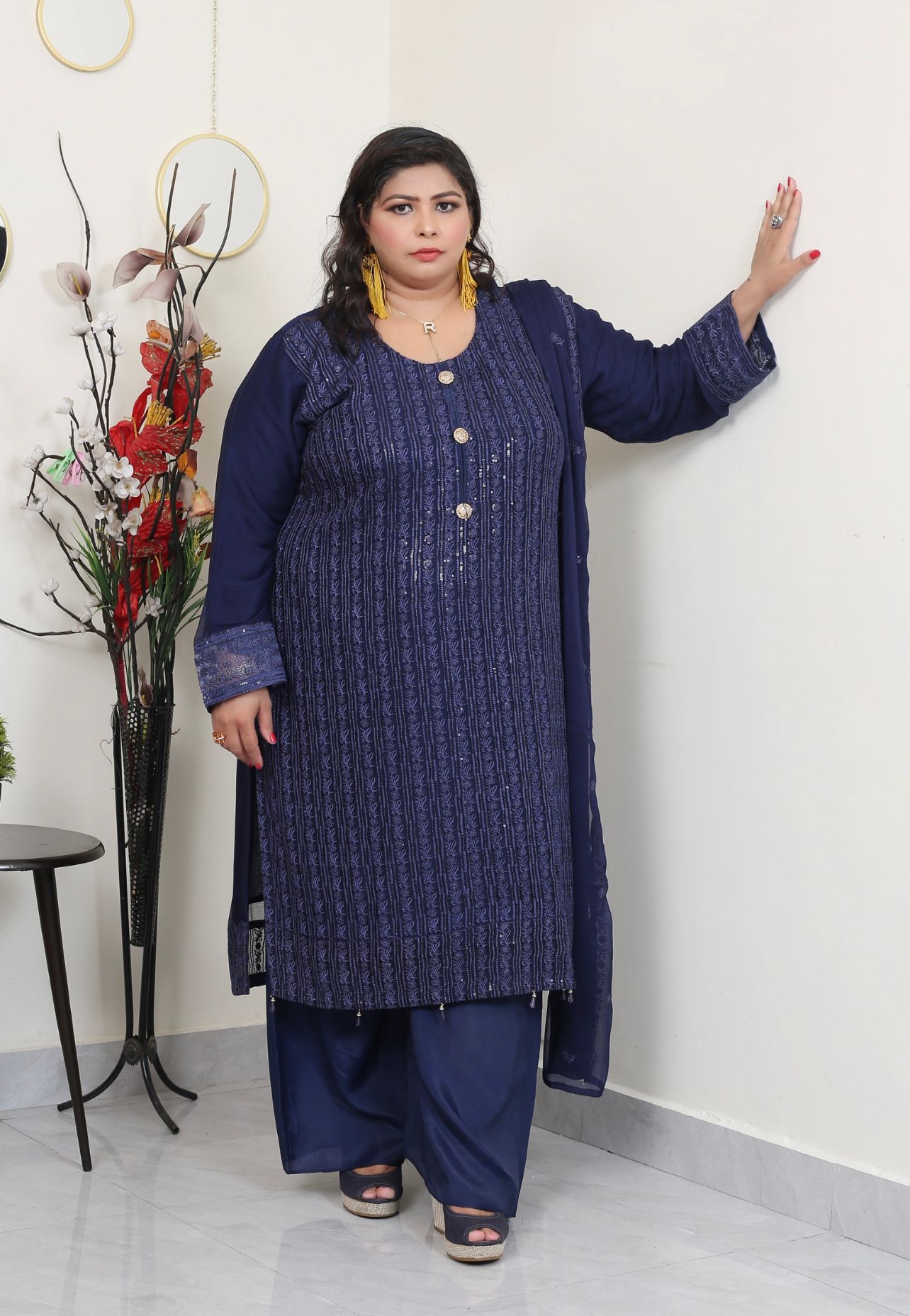 Blue Embroidered chiffon Plazo suit