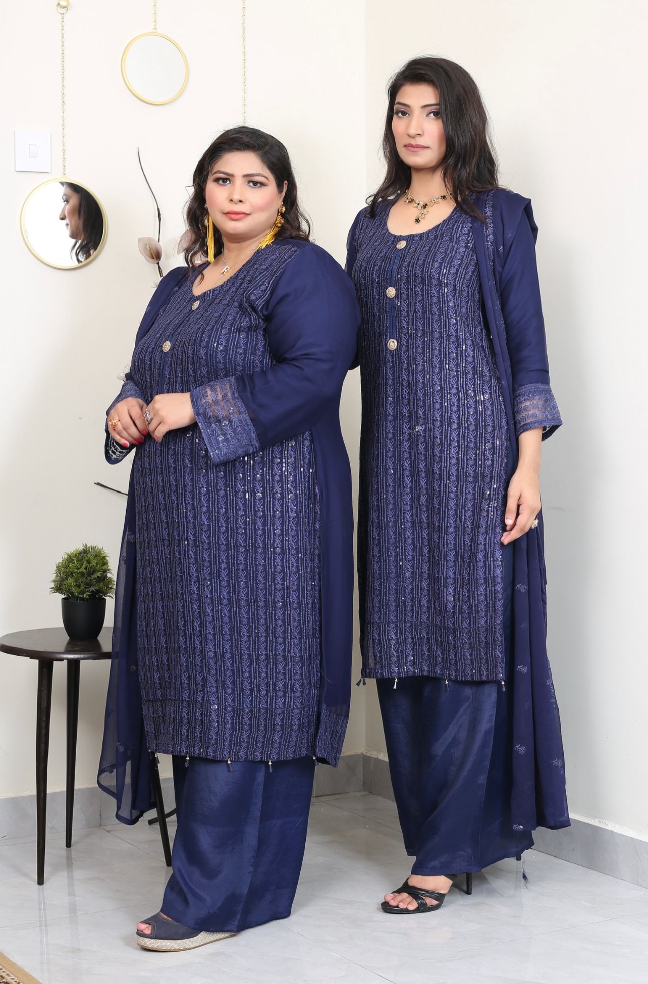 Blue Embroidered chiffon Plazo suit