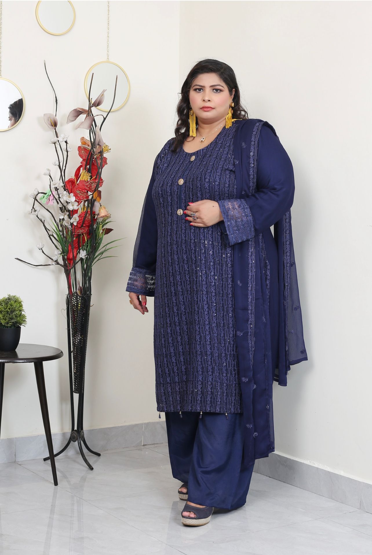 Blue Embroidered chiffon Plazo suit