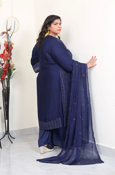 Blue Embroidered chiffon Plazo suit