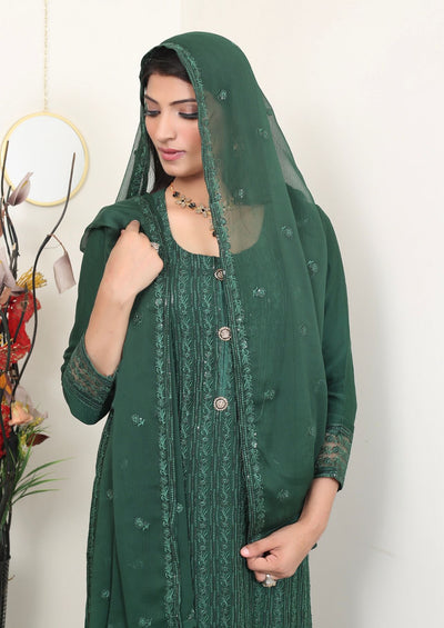 Green Embroidered chiffon Plazo suit