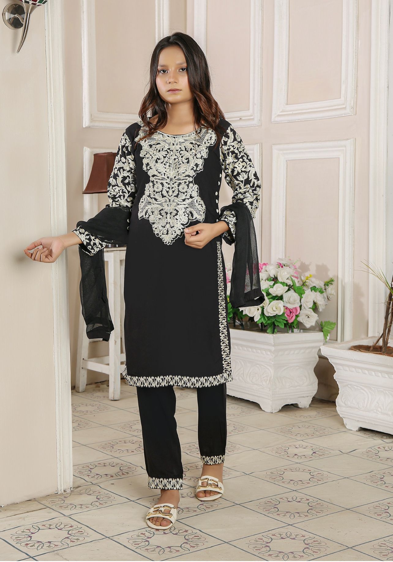 Embroidered Readymade Linen Mother & Daughter Suit Black Media 4 of 5