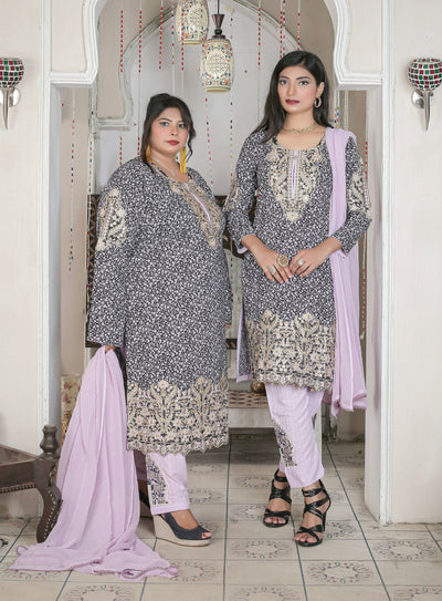 3 Pc Patch Work Printed Stone Linen Suit With Chiffon Dupatta