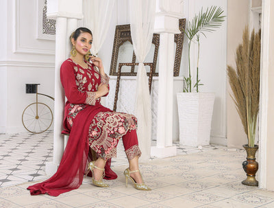 Embroidered Readymade Linen Mother & Daughter Suit Maroon  TS-175 | Pakistani Dresses