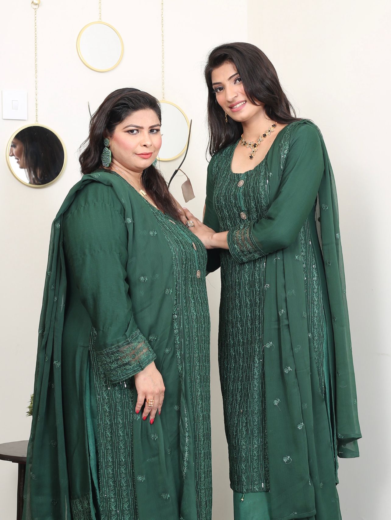 Green Embroidered chiffon Plazo suit