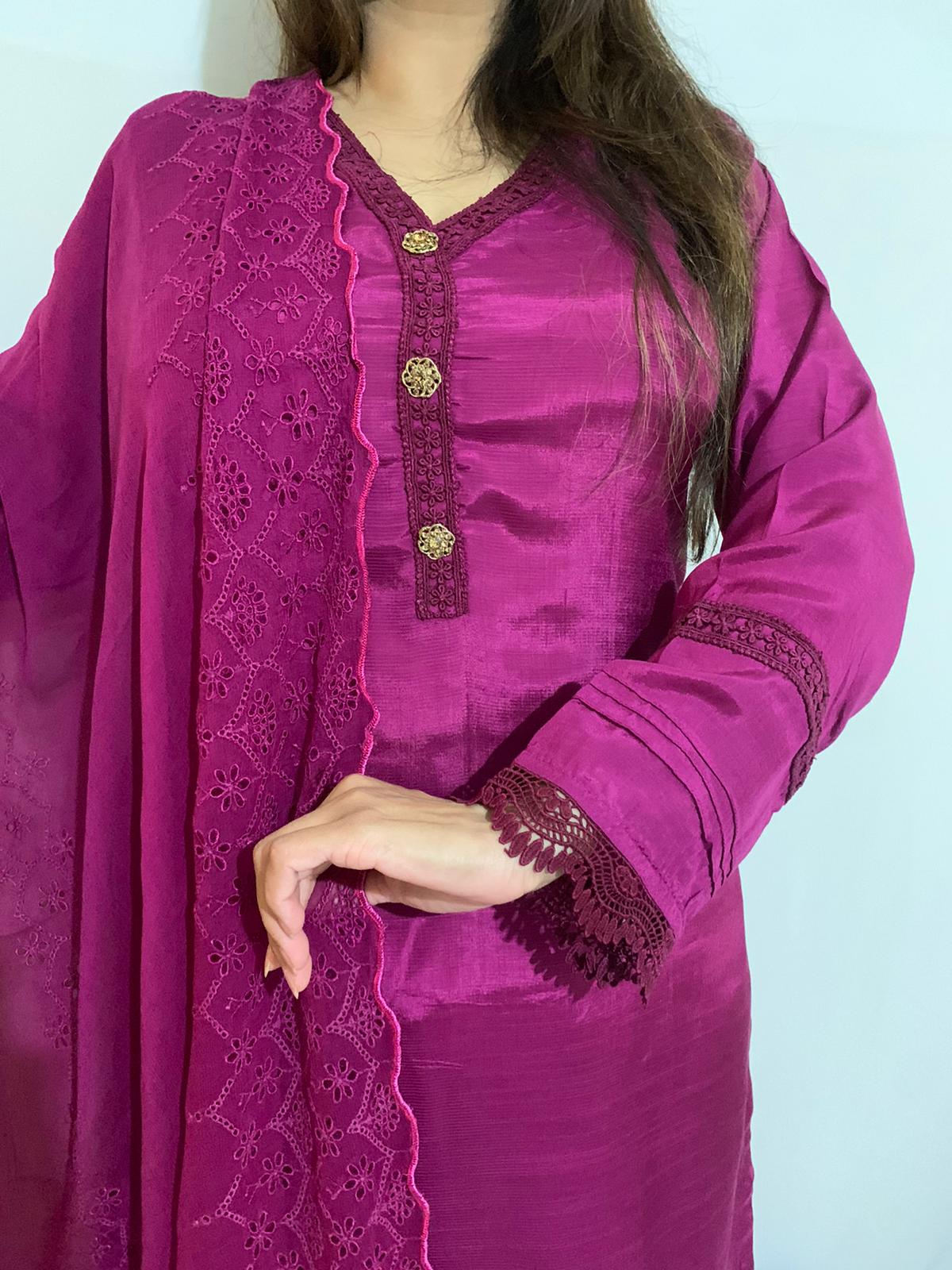 Purple Straight Cut Shamoz Silk Suit With Embroidered Chiffon Dupatta