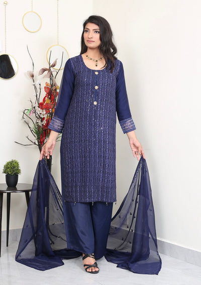 Blue Embroidered chiffon Plazo suit