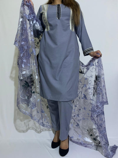 Fine Quality Embroidered Linen Suit With Net Dupatta