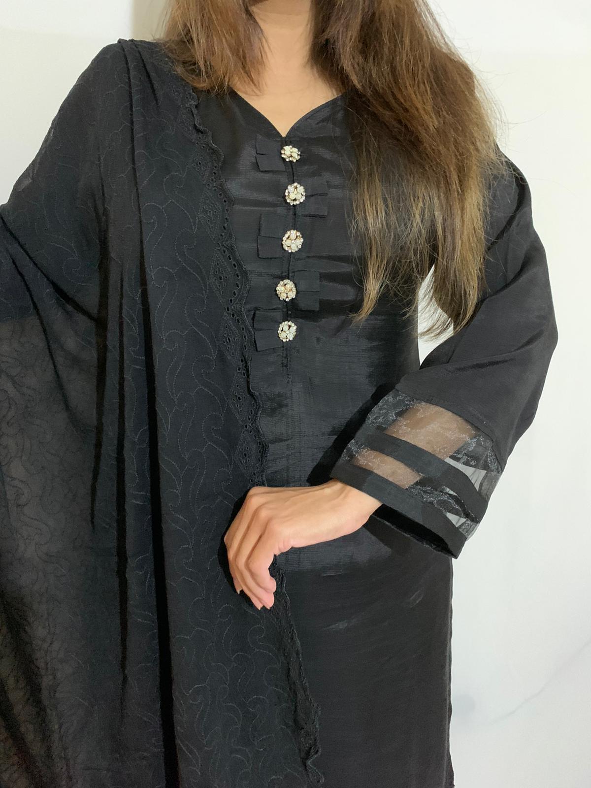 Black Straight Cut Shamoz Silk Suit With Embroidered Chiffon Dupatta