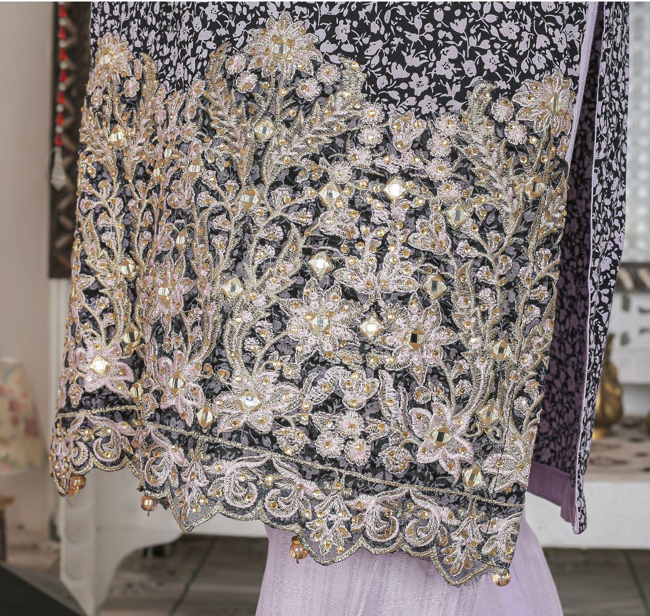 3 Pc Patch Work Printed Stone Linen Suit With Chiffon Dupatta