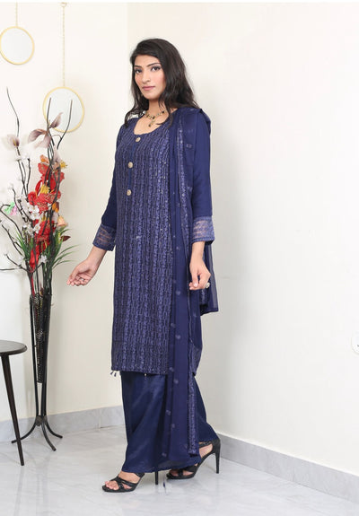 Blue Embroidered chiffon Plazo suit