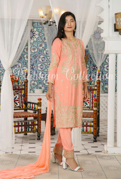 3 Pc Embroidered Readymade Stone Linen Suit Peach | Shop Pakistani Dresses Media 1 of 6