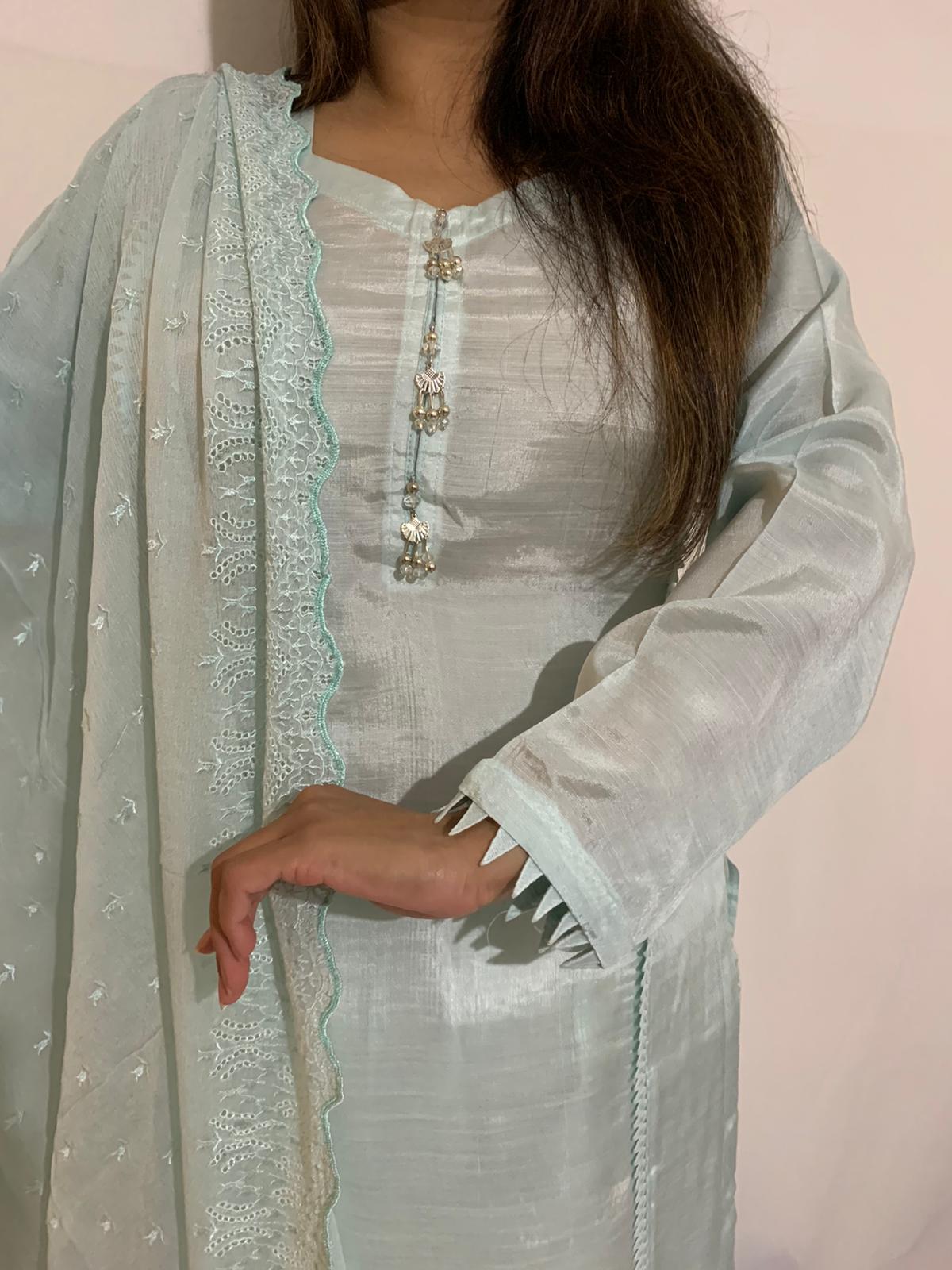 Light Mint Straight Cut Shamoz Silk Suit With Embroidered Chiffon Dupatta