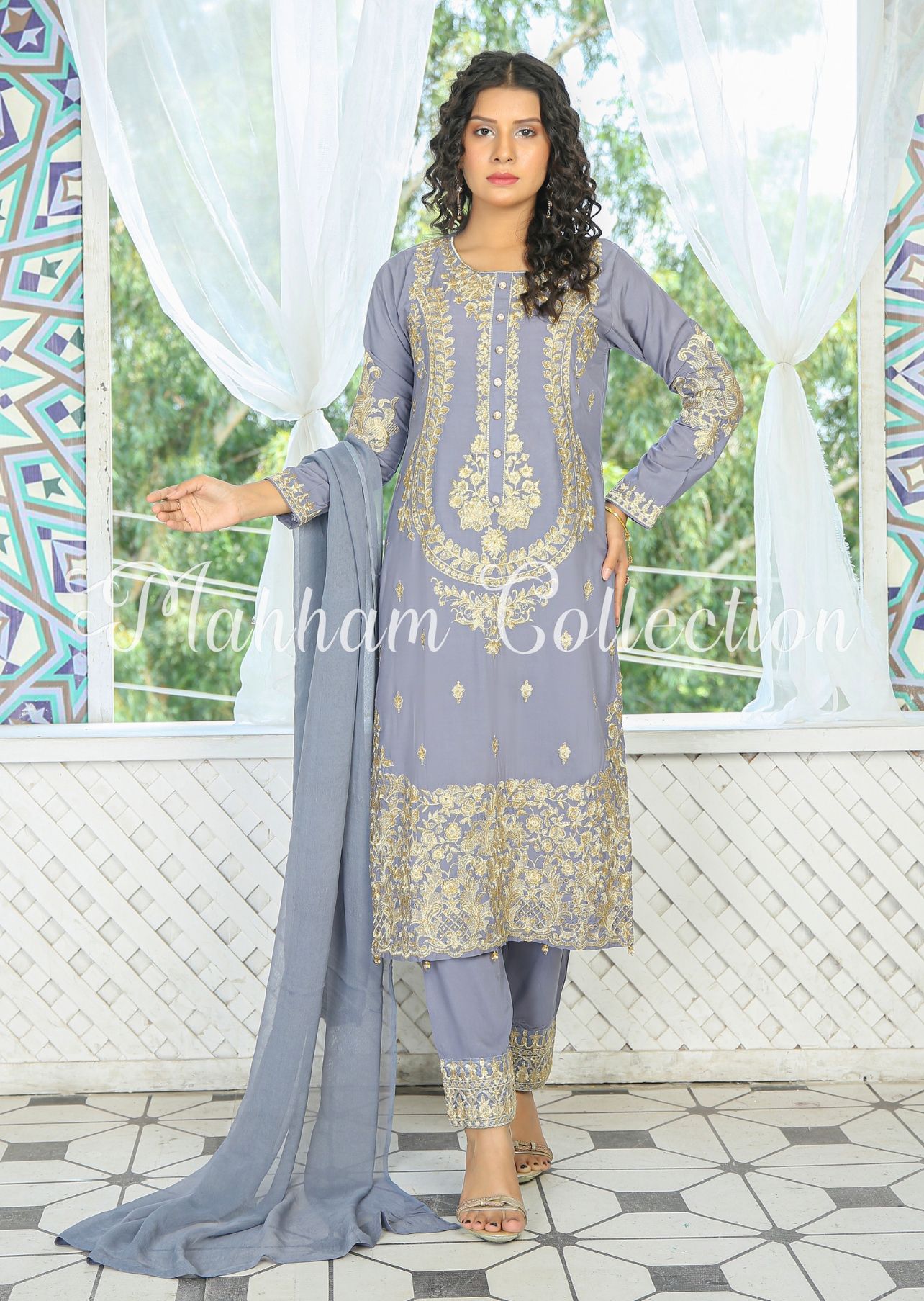 3 Pc Embroidered Readymade Stone Linen Suit Gray