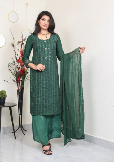 Green Embroidered chiffon Plazo suit