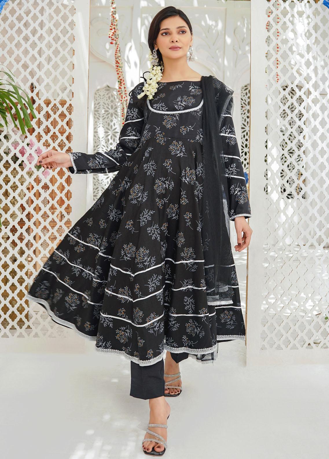 3 Pc Mother & Daughter Dress Print Raw Silk Ready To Wear Collection BLACK