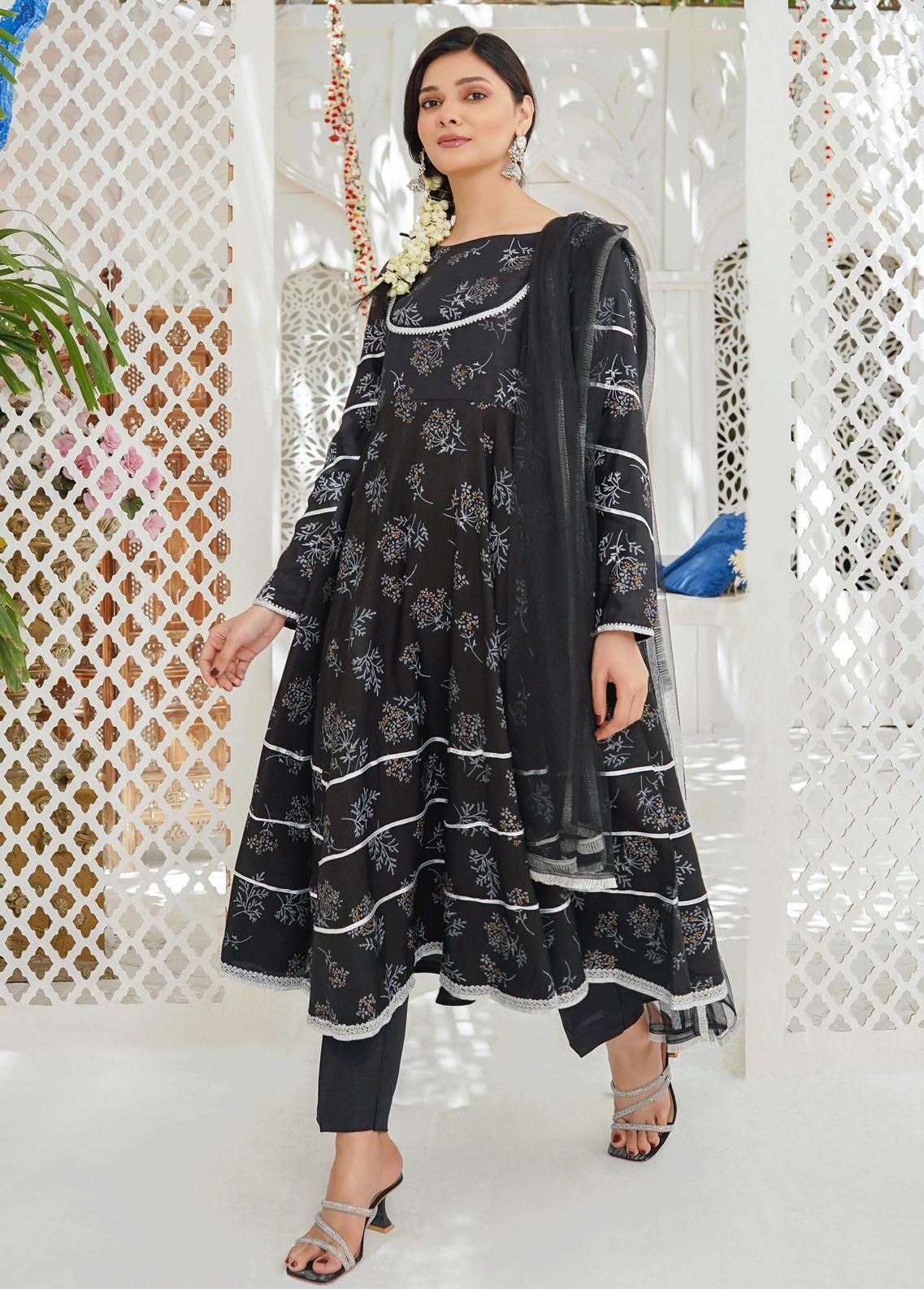 3 Pc Mother & Daughter Dress Print Raw Silk Ready To Wear Collection BLACK